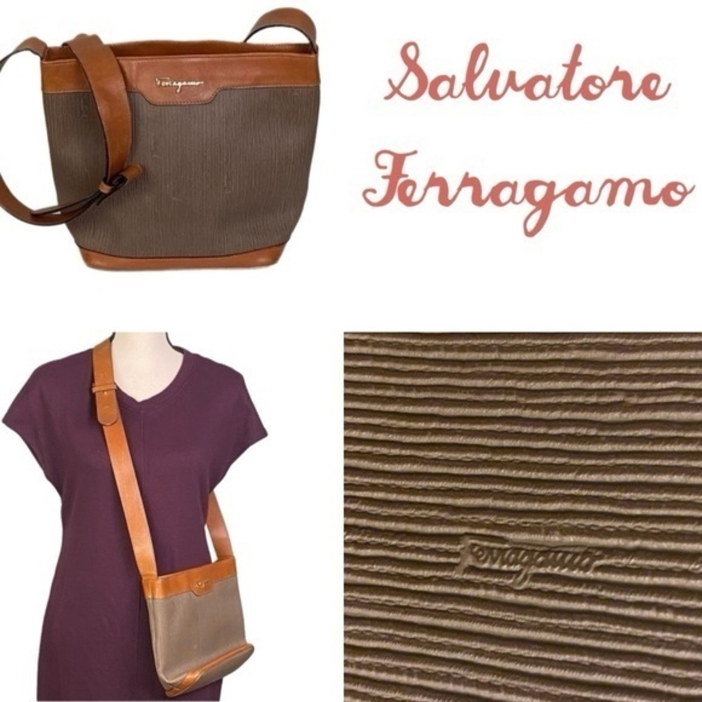 SALVATORE FERRAGAMO taupe and brown 1990’s Vintage crossbody w thick strap EUC